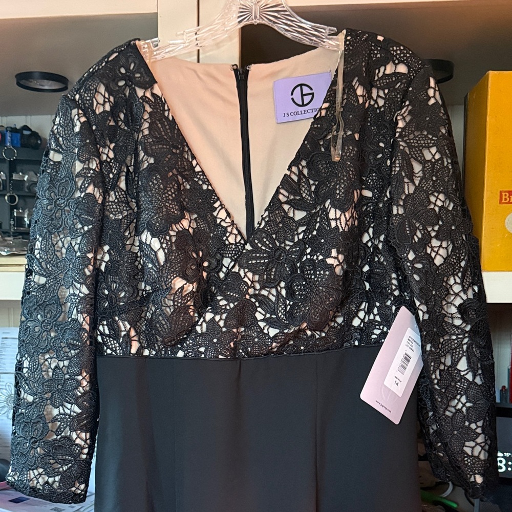 JS Collections Black Lace Long Sleeve Gown size 14 NWT